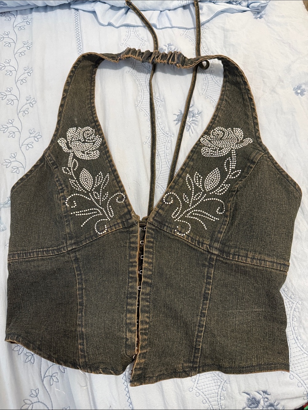 Windsor Olive Green Denim Halter Vest with Rhinestone Floral Accents